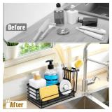 DiatZeno Sponge Holder for Kitchen Sink â Rustproof Sink Caddy & Kitchen Organizer with High Brush Holder, Fast Drying Diatomite Base, 304 Stainless Steel Dish Sponge Rack(Black)
