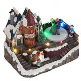 Alpine Corporation 6\" Tall Indoor Animated Christmas Village with Dancing Ice Skaters and Multicolor LED Lights, Tabletop Christmas Decoration