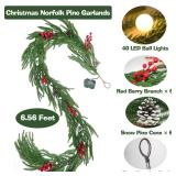 6.56FT Christmas Norfolk Pine Garland 40LED Bright Ball Lights with Red Berries Snowy Pincones Real Touch Green Pine Garlands for Mantle Table Stairs Fireplace Indoor Outdoor Home Christmas Decoration