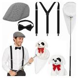 5 Pcs Halloween Dog Catcher Costume Men Include Dalmatian Dog Catcher Costume for Adult Herringbone Tweed Flat Cap, Adjustable Suspender for Men Halloween Cosplay Party