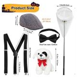 5 Pcs Halloween Dog Catcher Costume Men Include Dalmatian Dog Catcher Costume for Adult Herringbone Tweed Flat Cap, Adjustable Suspender for Men Halloween Cosplay Party