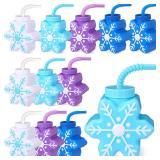 Sliner Christmas Snow Themed Party Favor Winter Snowflake Cup with Straws, 10 oz Plastic Snowflake Shape Cup for Christmas Winter Iced Birthday Baby Shower Party Supplies(12 Pcs)