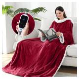 Sealy Electric Blanket Wearable with Foot Pocket, Electric Snuggle Blanket with Sleeves, Flannel & Sherpa Heating Throw with 6 Heat Settings & 2-10 Hours Auto Shut Off, 50 * 70\"+18\", Red