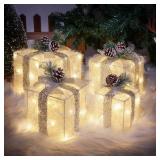 COVFEVER Set of 4 Christmas Lighted Gift Boxes, Pre-lit Light up Present Set with Different Sizes for Holiday Indoor Outdoor Decorations - Battery Operated(Warm White)