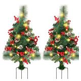 Lulu Home 2 Pack 2 Ft Pre-Lit Pathway Christmas Trees with Stake, Battery Operated 60 LED Lighted Small Christmas Trees Yard Stake Outdoor Decoration with Red Berries, Red Balls, Pine Cones