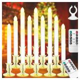 Koncifun Window Candles 12 Pack Battery Operated Candle with 2 Remote Controls Timer Flameless Taper Candles Removable Golden Holder and Suction Cup for Christmas Decorations
