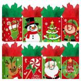 Cholemy 16 Pcs Medium Thick Christmas Gift Bags with Tissue Paper Christmas Kraft Paper Goodie Bags with Handles for Xmas Gift Wrapping Holiday Party Supplies 10 x 8 x 4.4 Inch(Lovely)