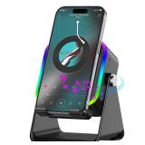 Wireless Induction Speaker 5-in-1 Bluetooth Speaker with Phone Stand,Stereo Sound, 3500mAh Rechargeable, 8 RGB Ambient Light, 360Â° Adjustable Holder for iPhone/Android/iPad,Gifts for Men Women (Bla