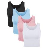 A 4 Pieces Women Basic Crop Tank Top Short Sleeveless Sports Crop Top (Pink, Black, Blue, White, Large)