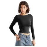 SUUKSESS Women Backless Going Out Tops Double Lined Open Back Basic Long Sleeve T Shirts (Jet Black, M)