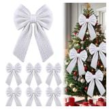 Canlierr 6 Pcs Knitted Large White Christmas Bows 18in Big Crochet Christmas Tree Bow Neutral Ribbon Bow Hanging for Tree Topper Winter Party Wreath Garland Fireplace Holiday Decorations