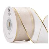 Ivory Christmas Ribbon Wired Sheer Organza Ribbon with Gold Sliver Border for Christmas Tree, 1.5 Inch 25 Yards