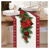 Netnology Watercolor Poinsettia Red Christmas Table Runner with White Snowflake,Seasonal Winter Xmas Party Decoration Holiday Indoor Home Kitchen Decor 13 x 108 Inch