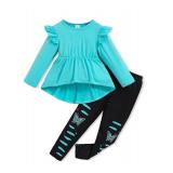 Toddler Girl Clothes 4-5T Girls 2 Piece Outfits Kid Fall Outfit Ruffle Long Sleeve Shirt Top Butterfly Allover Pants Fashion Size 4-5 Years Old Winter Clothing Set Blue