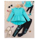 Toddler Girl Clothes 4-5T Girls 2 Piece Outfits Kid Fall Outfit Ruffle Long Sleeve Shirt Top Butterfly Allover Pants Fashion Size 4-5 Years Old Winter Clothing Set Blue