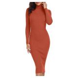 Rocorose Church Dresses for Women 2025 Elegant Classy Ribbed Knit Bodycon Pullover Winter Midi Dress Tangerine S