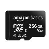 Amazon Basics Micro SDXC Memory Card with Full Size Adapter, A2, U3, Read Speed up to 100 MB/s, 256 GB, Black