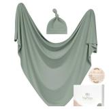 MairMore Baby Swaddle Receiving Blankets with Matching Beanie Set Newborn Nursery Swaddle Wrap for Baby Girls and Boys (Green)