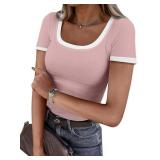 Darong Women Summer U Neck Short Sleeve Color Block Shirts Slim Fit Ribbed Knit Basic Tee Tops 9059 Light Pink S