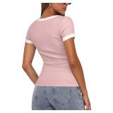 Darong Women Summer U Neck Short Sleeve Color Block Shirts Slim Fit Ribbed Knit Basic Tee Tops 9059 Light Pink S