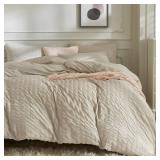 JELLYMONI Light Khaki Duvet Cover Twin Size, 3pcs Washed Microfiber Bedding Set, Soft Breathable Seersucker Duvet Cover Set with Zipper Closure and Corner Ties for All Seasons