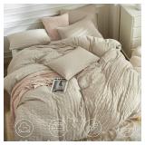JELLYMONI Light Khaki Duvet Cover Twin Size, 3pcs Washed Microfiber Bedding Set, Soft Breathable Seersucker Duvet Cover Set with Zipper Closure and Corner Ties for All Seasons