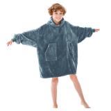 Aemicion Wearable Blanket Hoodie for Kids Super Soft Warm Oversized Hooded Blanket Sweatshirt Hoodie Blanket for Boys Girls Blue Grey