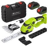 Hedge Trimmer Cordless with Battery, 2-in-1 Electric Handheld Grass Shear Cutter with 2 Pack Rechargeable Battery, Mini Bush Trimmer Kit for Garden Yard Lawn Pruning, Green