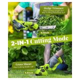 Hedge Trimmer Cordless with Battery, 2-in-1 Electric Handheld Grass Shear Cutter with 2 Pack Rechargeable Battery, Mini Bush Trimmer Kit for Garden Yard Lawn Pruning, Green