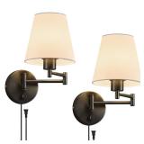 VONLUCE Wall Sconce Set of 2, Plug in & Hardwired Swing Arm Wall Lamps, Adjustable Wall Mounted Lighting Fixtures, Modern Wall Lights with Black Base White Fabric Shade for Bedside, Hallway, Study