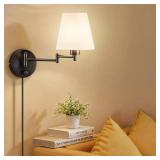 VONLUCE Wall Sconce Set of 2, Plug in & Hardwired Swing Arm Wall Lamps, Adjustable Wall Mounted Lighting Fixtures, Modern Wall Lights with Black Base White Fabric Shade for Bedside, Hallway, Study