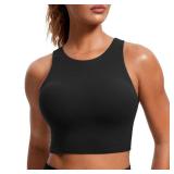 CRZ YOGA Butterluxe High Neck Crop Tank Tops for Women - Racerback Padded Longline Sports Bras Workout Black Medium