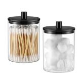 TIPGO Glass Qtip Holder Dispenser - 10 oz Clear Canister Apothecary Jar, Bathroom Vanity Storage Organizer Set for Cotton Swabs, Pads, Floss Picks, Small Containers for Makeup Storage (2 Pack, Black)