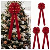 Red Velvet Christmas Tree Bows - Set of 3 Large 12x33 Inch Vintage Holiday Bows for Xmas Tree Decorations, Gift Wrapping, Garland, Party Decor for Indoor Outdoor Dilicoming