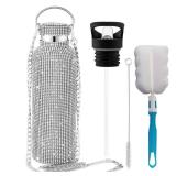 INSTOME Bling Water Bottle Rhinestone,Diamond Water Bottle with Chain,Rhinestone Water Bottles with Lid for Women,Bling Tumblers with 2 Style lids (silver, 17oz)