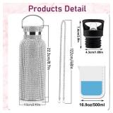 INSTOME Bling Water Bottle Rhinestone,Diamond Water Bottle with Chain,Rhinestone Water Bottles with Lid for Women,Bling Tumblers with 2 Style lids (silver, 17oz)