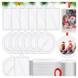 Vercraft 48 Pcs DIY Christmas Picture Frame Ornaments with Red Ribbon, Acrylic Xmas Tree Photo Frame Bulk, Hanging Photo Christmas Ornaments, Plastic Ornament Tree Decor (Round,Square)