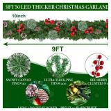 9 Foot by 10 Inch Christmas Garland - 50 LED Lights, Battery Operated Lighted Garland Wreath with Pine Cones Red Berries Lush Branches, Prelit Garland Xmas Decoration Indoor Outdoor Home Holiday