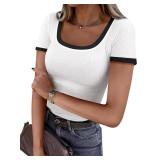 Darong Womens Basic T-Shirts Scoop Neck Short Sleeve Tops Cute Summer Tops Slim Fit Tees Y2k Clothing 2024 9059 White S