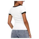 Darong Womens Basic T-Shirts Scoop Neck Short Sleeve Tops Cute Summer Tops Slim Fit Tees Y2k Clothing 2024 9059 White S