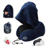 Travel Pillow with Extra Large Hood for Airplane Long Flights Privacy and Comfort Memory Foam with Velvet Cover for Road Trip Head&Neck Support for Plane Office Cars Sleeping & Rest (Navy Blue)
