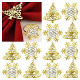 12 Pcs Christmas Napkin Rings Bulk Christmas Tree and Snowflake Napkin Rings Napkins Holder Metal Diamond Serviette Ring for Xmas Winter Holiday Weddings Party Table Decoration (Gold)