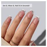 BTArtbox Press On Nails Short - Ice Veil, 3D Silver Lines White French Tip Square Press On Nails with Glue and Adhesive Tabs for Women in 16 Sizes - 32 Soft Gel Glue On Nails Kit