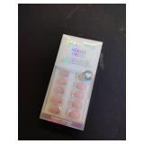 BTArtbox Press On Nails Short - Ice Veil, 3D Silver Lines White French Tip Square Press On Nails with Glue and Adhesive Tabs for Women in 16 Sizes - 32 Soft Gel Glue On Nails Kit