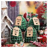 Shappy 48 Pcs Christmas Drawstring Bags Xmas Buffalo Plaid Burlap Candy Bags Linen Treat Sack Holiday Party Favor Christmas Sack Sachet with Cards and Rope(6 x 4 Inch,Black Green)