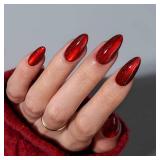 BTArtbox Press On Nails Almond - Deep Red Sparkly Press On Nails with Glue for Women, Glossy Soft Gel Glue On Nails in 15 Sizes - 30 Stick On Nails Kit for Christmas, Mystic Ruby