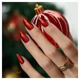 BTArtbox Press On Nails Almond - Deep Red Sparkly Press On Nails with Glue for Women, Glossy Soft Gel Glue On Nails in 15 Sizes - 30 Stick On Nails Kit for Christmas, Mystic Ruby