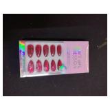 BTArtbox Press On Nails Almond - Deep Red Sparkly Press On Nails with Glue for Women, Glossy Soft Gel Glue On Nails in 15 Sizes - 30 Stick On Nails Kit for Christmas, Mystic Ruby