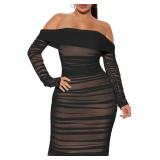 MOEENCN Mesh Long Sleeve Ruched Bodycon Dress Sexy Off Shoulder Women Knee Length Party Date Night Outfits Black M