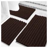 Arotive Chenille Bathroom Rugs Set 3 Piece, Extra Soft Absorbent Shaggy Bath Mat and U-Shaped Contour Toilet Rug, Non-Slip Machine Wash Dry Bath Mats Set for Bathroom, Shower, Sink and Tub, Brown